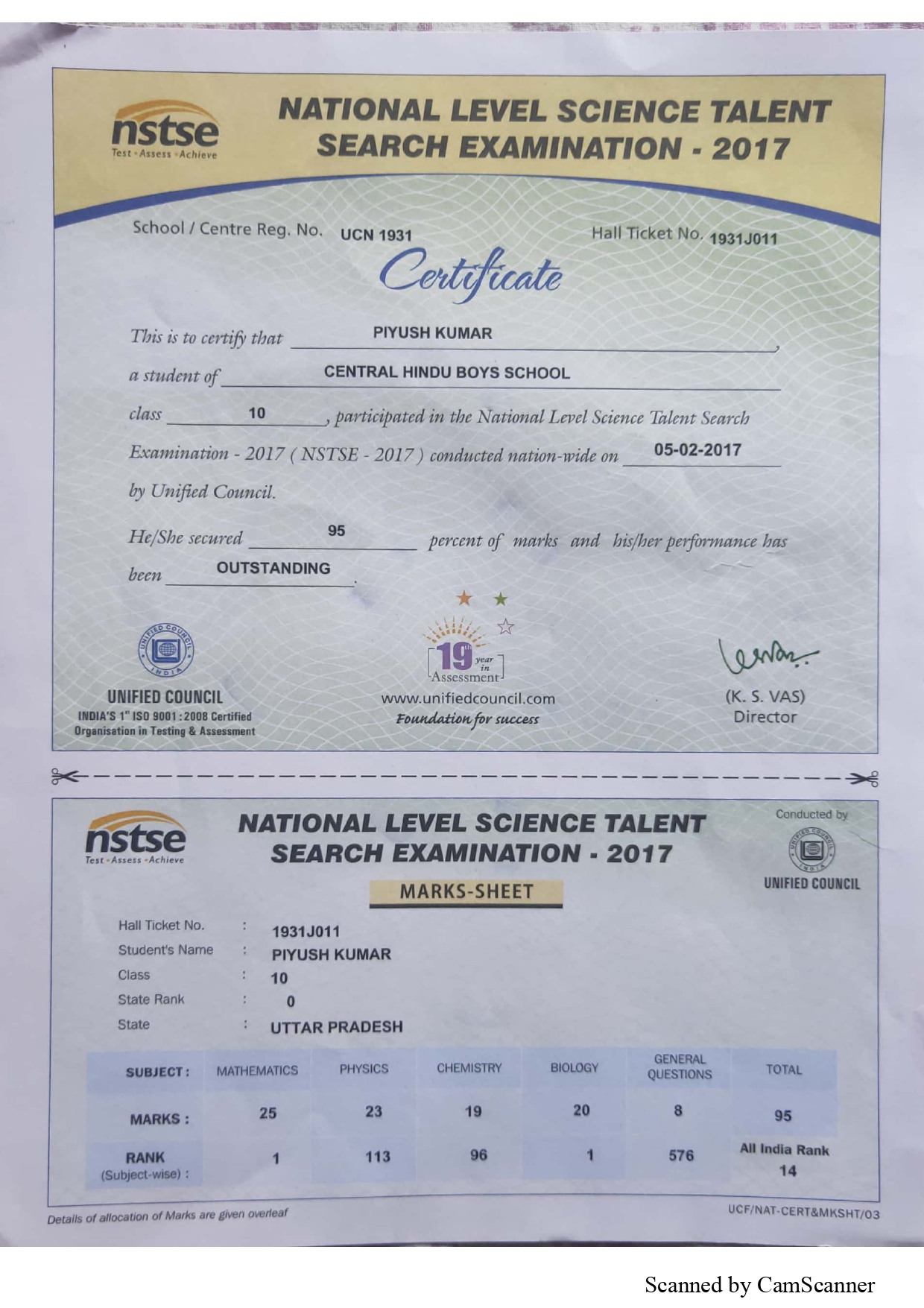 NSTSE rank marksheet, Class 10th